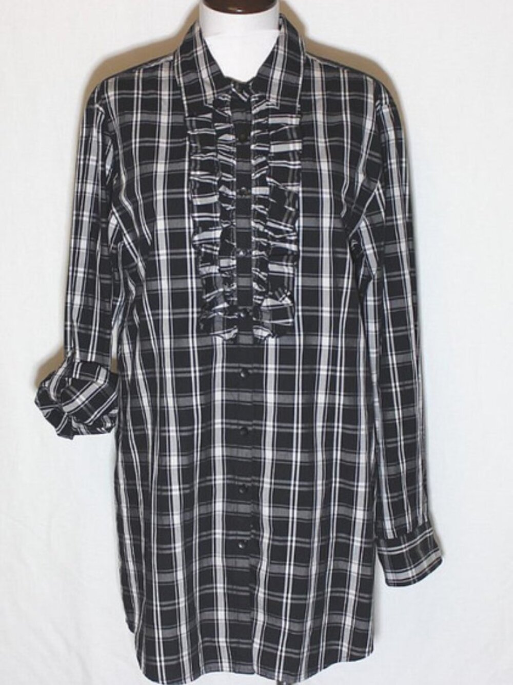 Kenneth Cole Reaction Black & White Plaid Tunic Top Blouse Ruffle Front sz 10